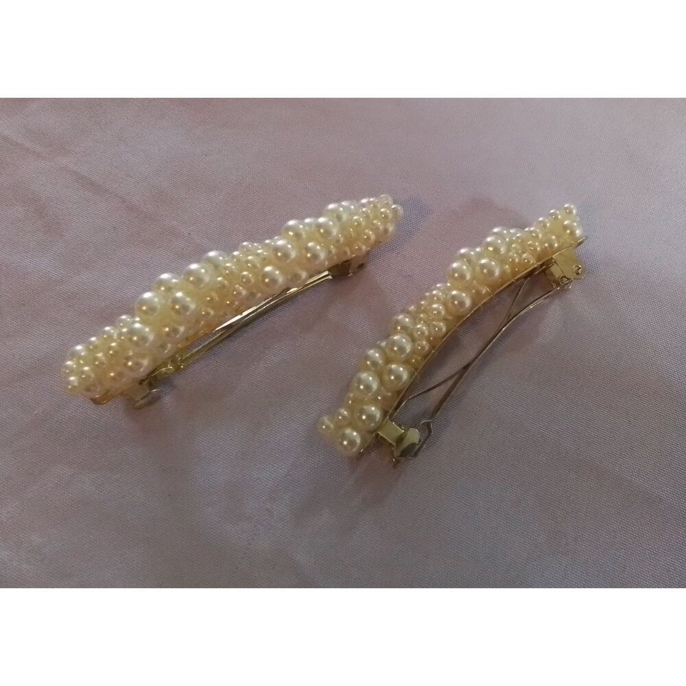 Vintage Faux Pearl Beaded Hair Barrettes For Women Set Of 2